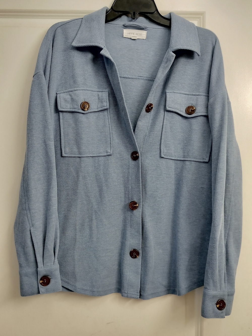 Hippie Rose Light Blue Button-Front Knit Shirt Jacket